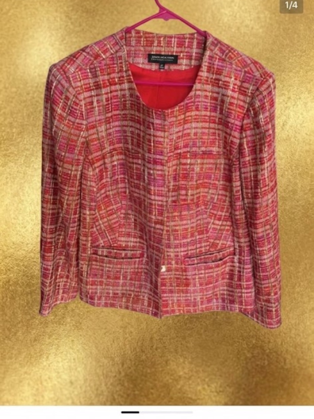 Jones New York Pink Tweed Collarless Jacket size 16